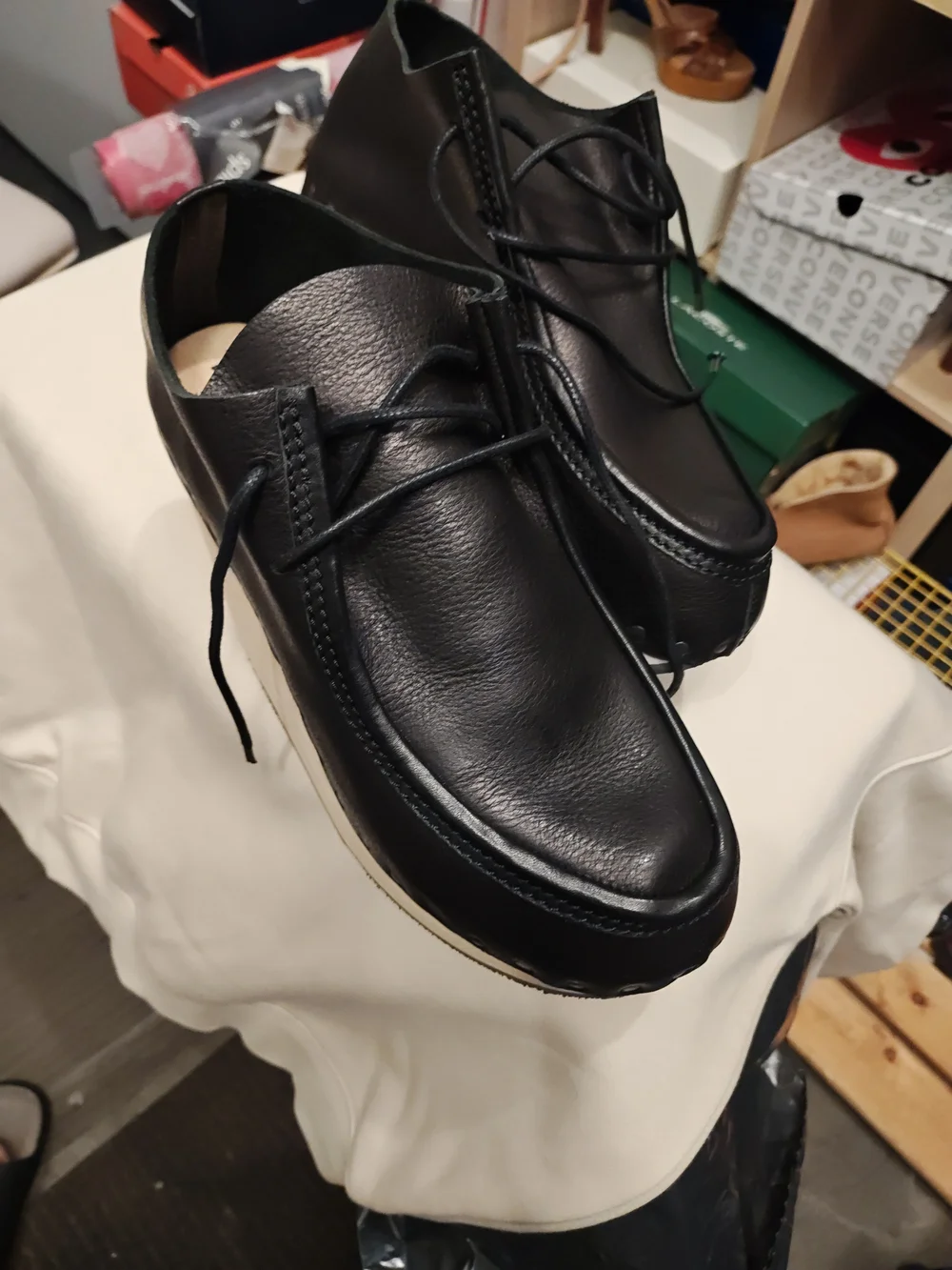 Black Leather Platform Lace-Up Shoes with Cream Wedge 42